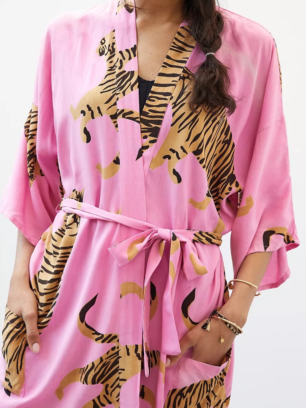 NWT Anthropologie Emerson Fry Fete Tiger Kimono Animal Pink Tan Medium Large - Picture 3 of 3